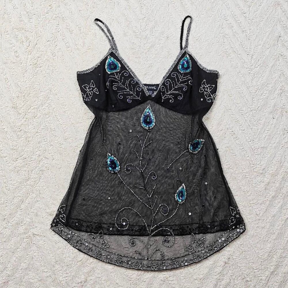 Y2K Sheer Beaded Sequin Peacock Fairygoth Top